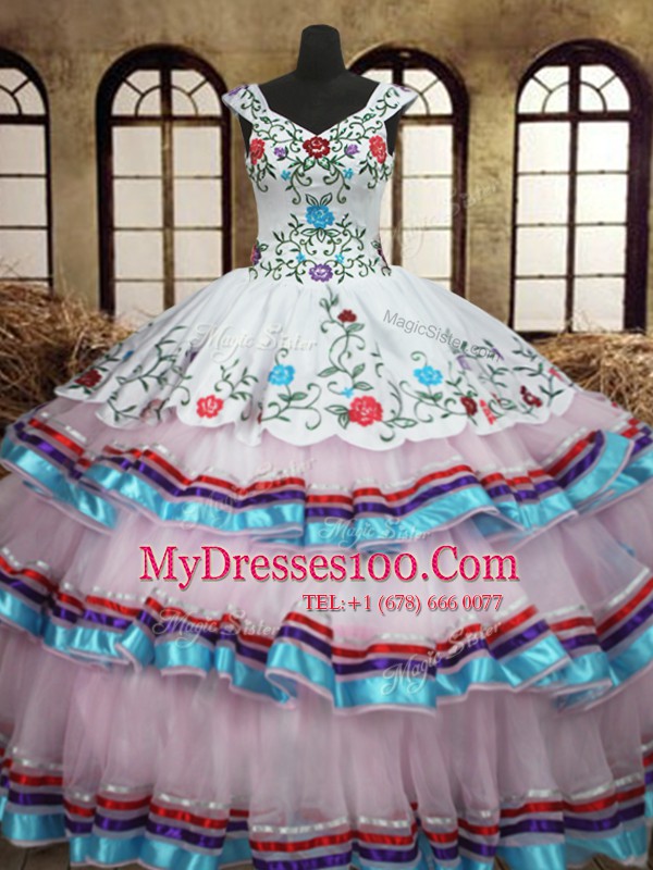 Straps Ruffled White Sleeveless Organza and Taffeta Lace Up Sweet 16 Quinceanera Dress for Military Ball and Sweet 16 and Quinceanera
