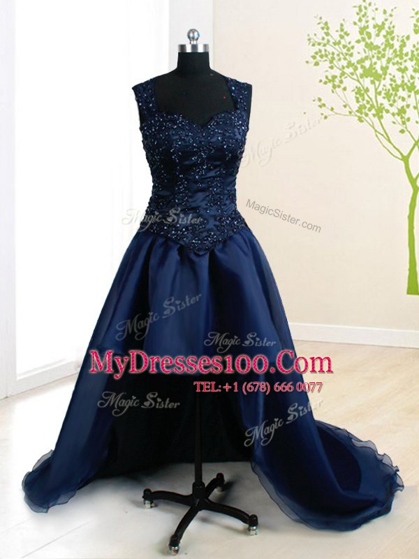 Four Piece Navy Blue Ball Gowns Straps Sleeveless Organza Floor Length Zipper Beading and Ruffles Sweet 16 Dress