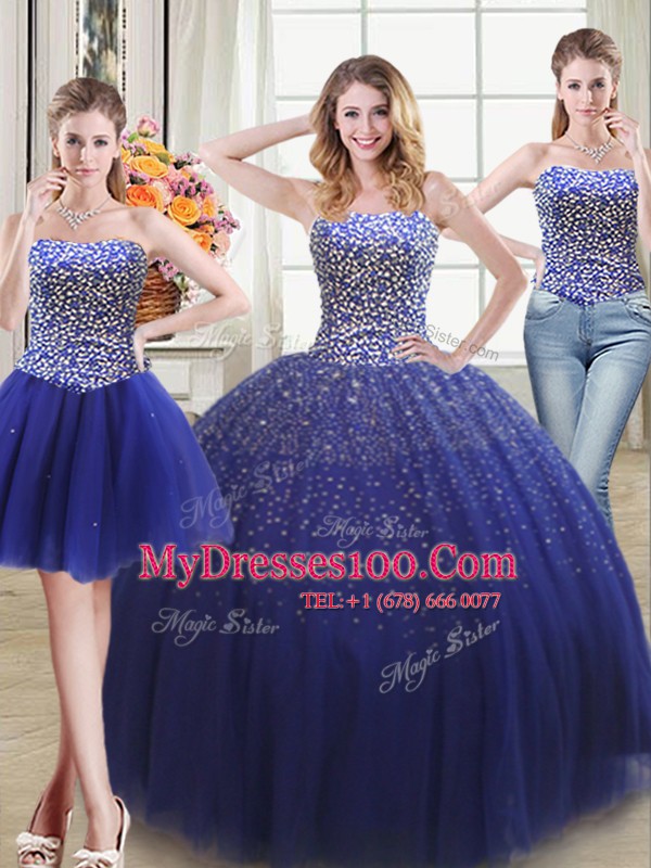 Three Piece Royal Blue Lace Up Quinceanera Dress Beading Sleeveless Floor Length