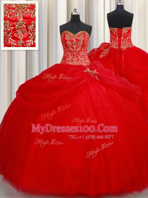 Affordable Tulle Sweetheart Sleeveless Lace Up Beading and Pick Ups Sweet 16 Quinceanera Dress in Red