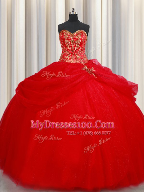 Affordable Tulle Sweetheart Sleeveless Lace Up Beading and Pick Ups Sweet 16 Quinceanera Dress in Red