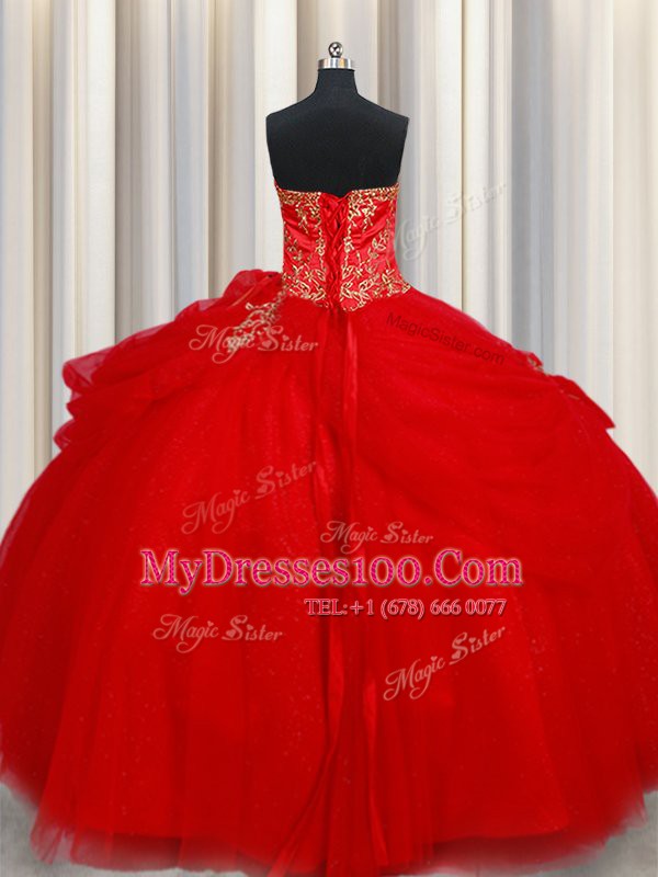 Affordable Tulle Sweetheart Sleeveless Lace Up Beading and Pick Ups Sweet 16 Quinceanera Dress in Red