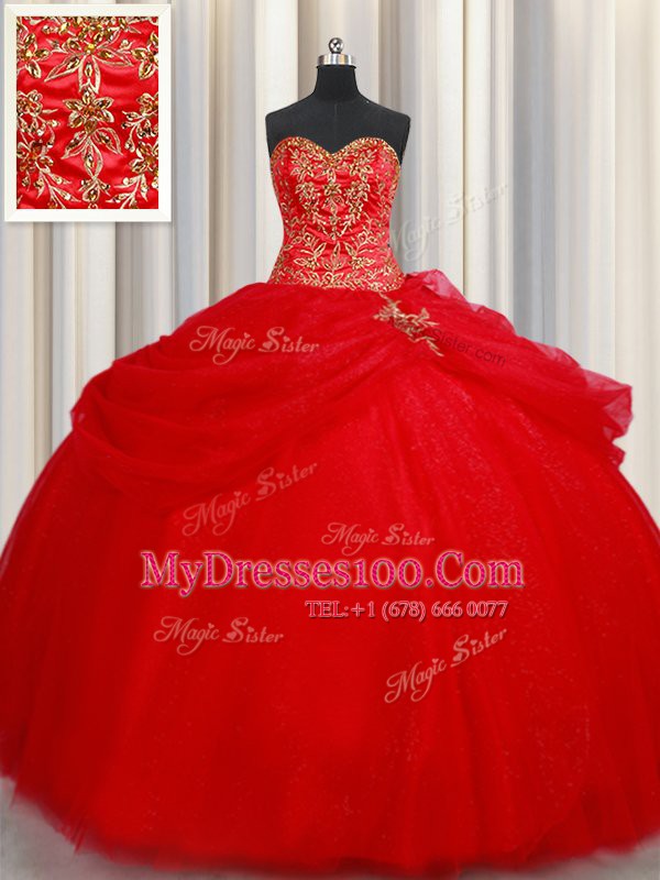 Affordable Tulle Sweetheart Sleeveless Lace Up Beading and Pick Ups Sweet 16 Quinceanera Dress in Red