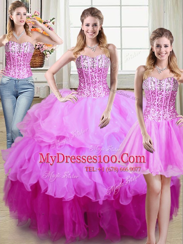 Three Piece Sequins Floor Length Ball Gowns Sleeveless Multi-color 15th Birthday Dress Lace Up