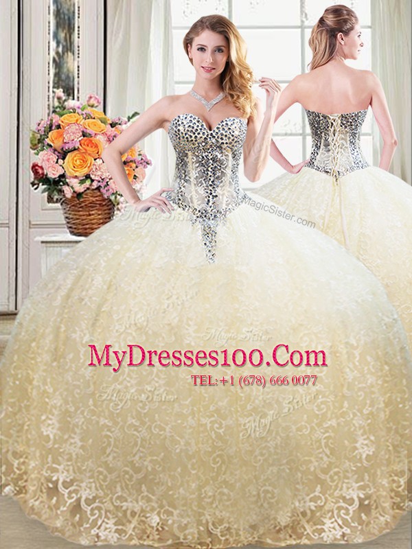 Deluxe Sleeveless Tulle and Lace Floor Length Lace Up Sweet 16 Dresses in Champagne with Beading and Lace