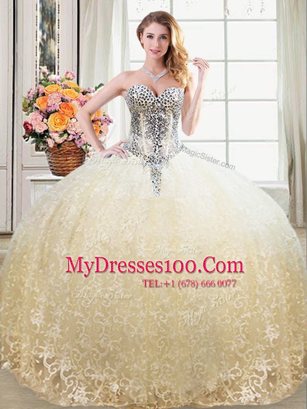 Deluxe Sleeveless Tulle and Lace Floor Length Lace Up Sweet 16 Dresses in Champagne with Beading and Lace