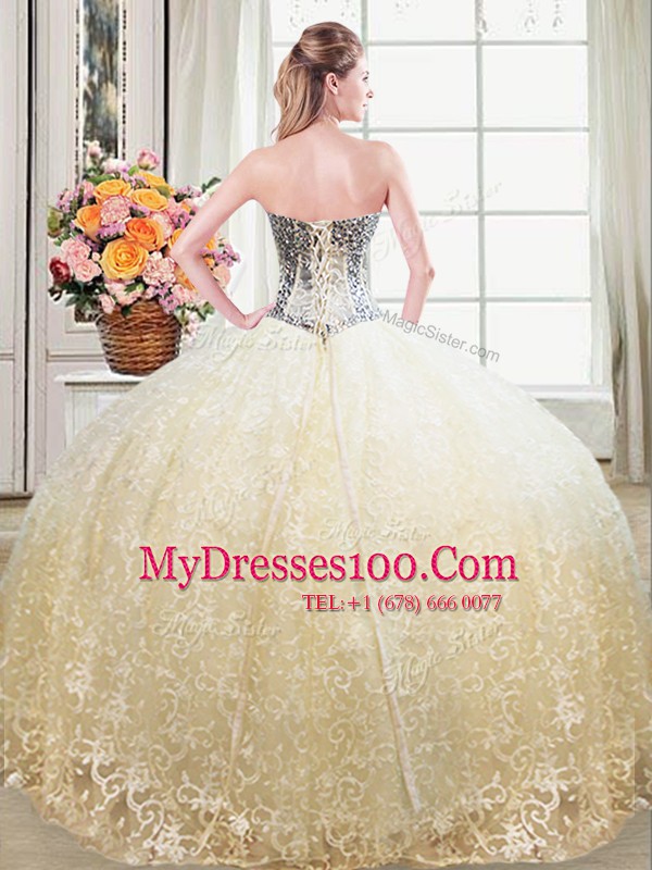 Deluxe Sleeveless Tulle and Lace Floor Length Lace Up Sweet 16 Dresses in Champagne with Beading and Lace