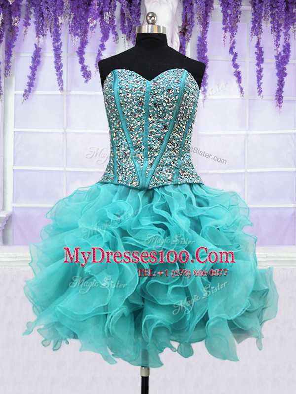 High Class Four Piece Organza Sweetheart Sleeveless Lace Up Beading and Ruffles Quinceanera Dress in Aqua Blue