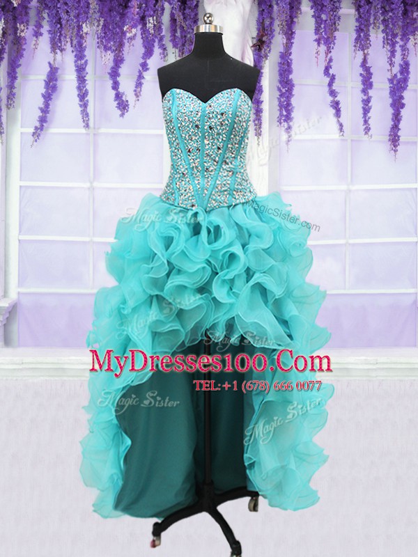 High Class Four Piece Organza Sweetheart Sleeveless Lace Up Beading and Ruffles Quinceanera Dress in Aqua Blue