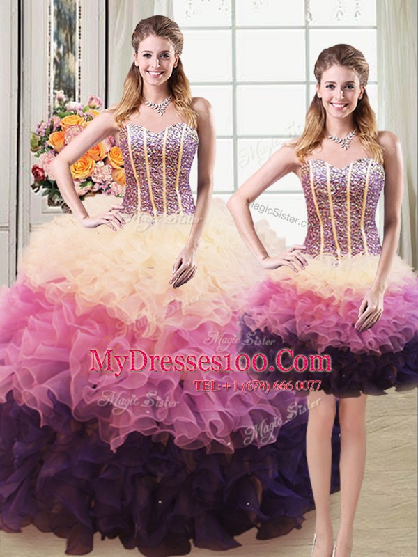 Three Piece Multi-color Sweetheart Lace Up Beading and Ruffles 15 Quinceanera Dress Sleeveless