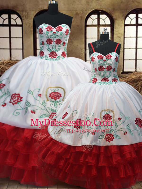 Sophisticated Embroidery Ruffled Layers Sweetheart Sleeveless Lace Up Quinceanera Dress White And Red Organza