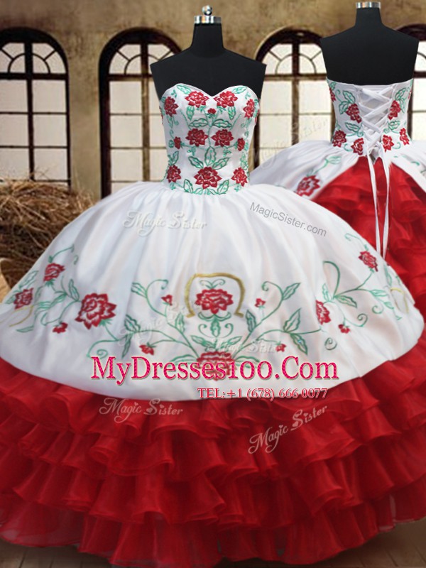 Sophisticated Embroidery Ruffled Layers Sweetheart Sleeveless Lace Up Quinceanera Dress White And Red Organza