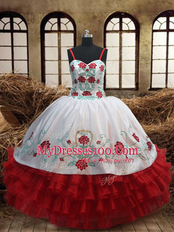 Sophisticated Embroidery Ruffled Layers Sweetheart Sleeveless Lace Up Quinceanera Dress White And Red Organza