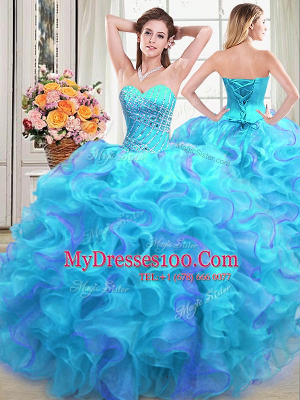 Four Piece Sleeveless Organza Floor Length Lace Up Quinceanera Gown in Multi-color with Beading and Ruffles