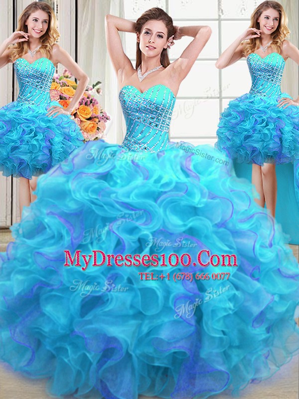 Four Piece Sleeveless Organza Floor Length Lace Up Quinceanera Gown in Multi-color with Beading and Ruffles