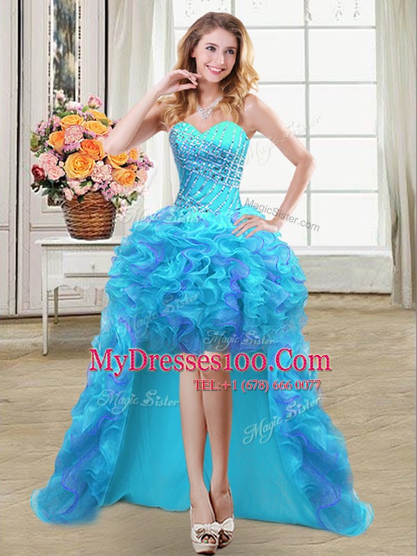 Four Piece Sleeveless Organza Floor Length Lace Up Quinceanera Gown in Multi-color with Beading and Ruffles