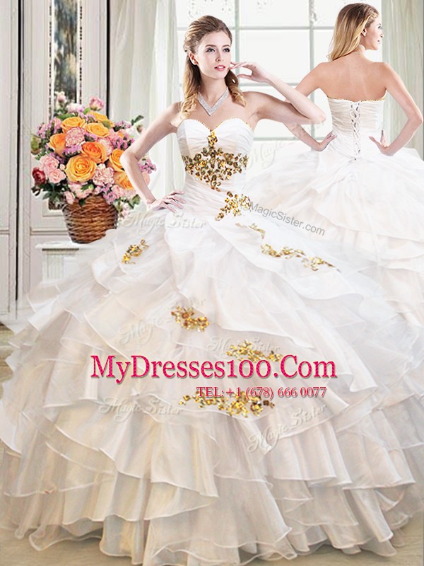 Floor Length White 15th Birthday Dress Sweetheart Sleeveless Lace Up