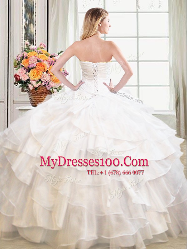 Floor Length White 15th Birthday Dress Sweetheart Sleeveless Lace Up