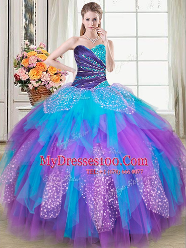 Beading and Ruffles Vestidos de Quinceanera Multi-color Lace Up Sleeveless Floor Length