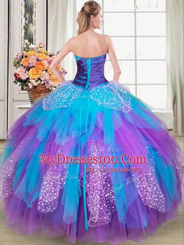 Beading and Ruffles Vestidos de Quinceanera Multi-color Lace Up Sleeveless Floor Length