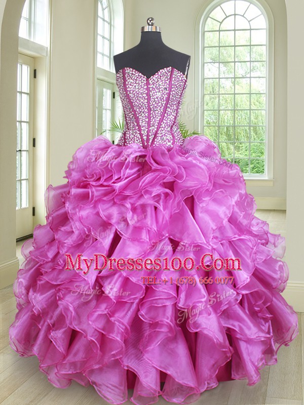 Four Piece Floor Length Fuchsia 15 Quinceanera Dress Sweetheart Sleeveless Lace Up