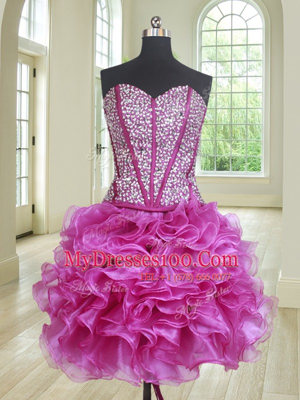 Four Piece Floor Length Fuchsia 15 Quinceanera Dress Sweetheart Sleeveless Lace Up