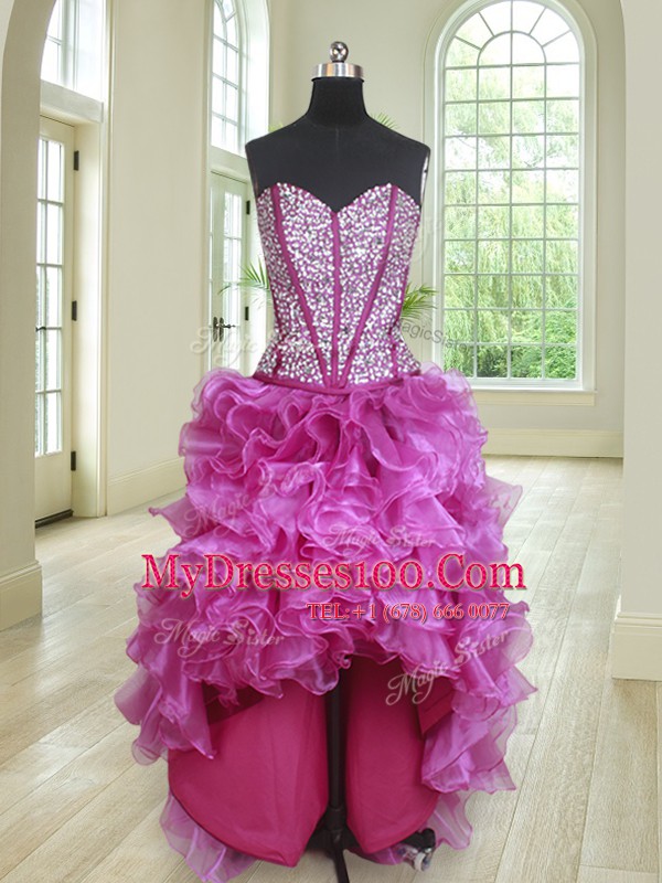 Four Piece Floor Length Fuchsia 15 Quinceanera Dress Sweetheart Sleeveless Lace Up