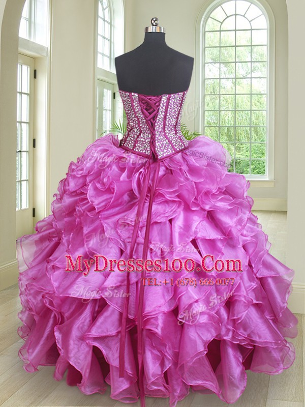 Four Piece Floor Length Fuchsia 15 Quinceanera Dress Sweetheart Sleeveless Lace Up
