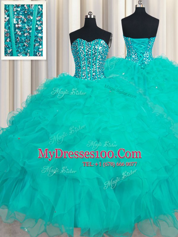 Unique Sweetheart Sleeveless Lace Up Quinceanera Dresses Turquoise Organza
