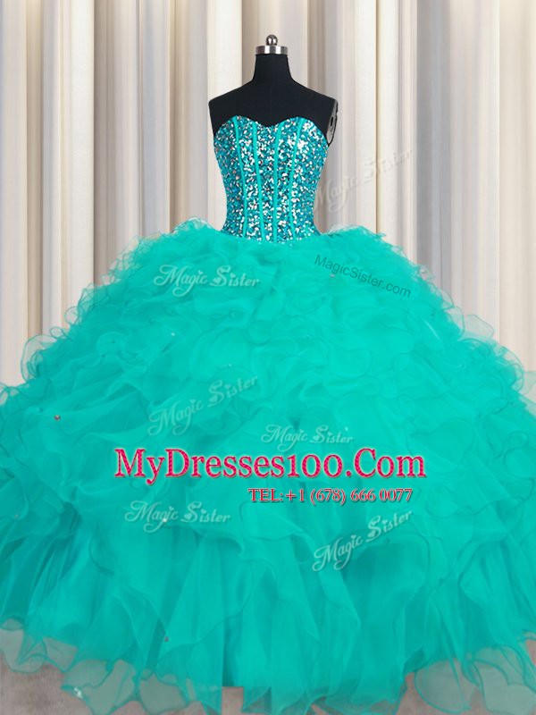 Unique Sweetheart Sleeveless Lace Up Quinceanera Dresses Turquoise Organza