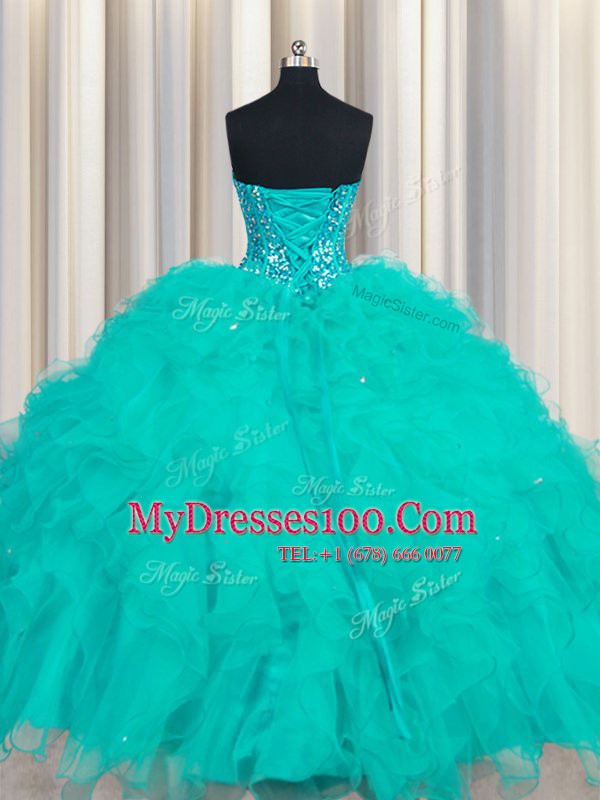 Unique Sweetheart Sleeveless Lace Up Quinceanera Dresses Turquoise Organza