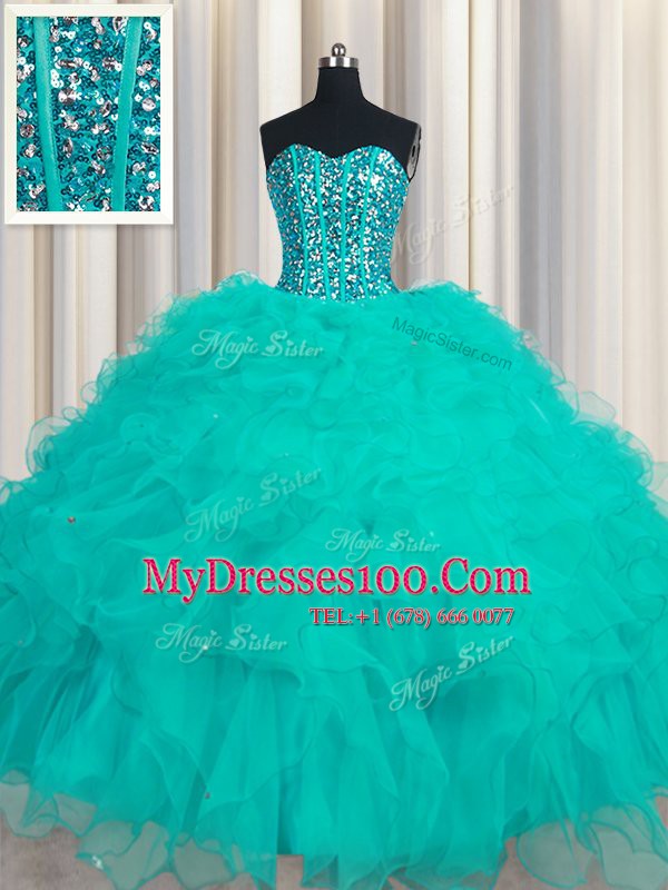 Unique Sweetheart Sleeveless Lace Up Quinceanera Dresses Turquoise Organza