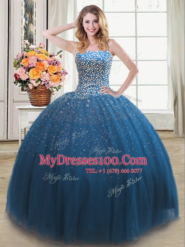 Free and Easy Sleeveless Floor Length Beading Lace Up Quince Ball Gowns with Teal