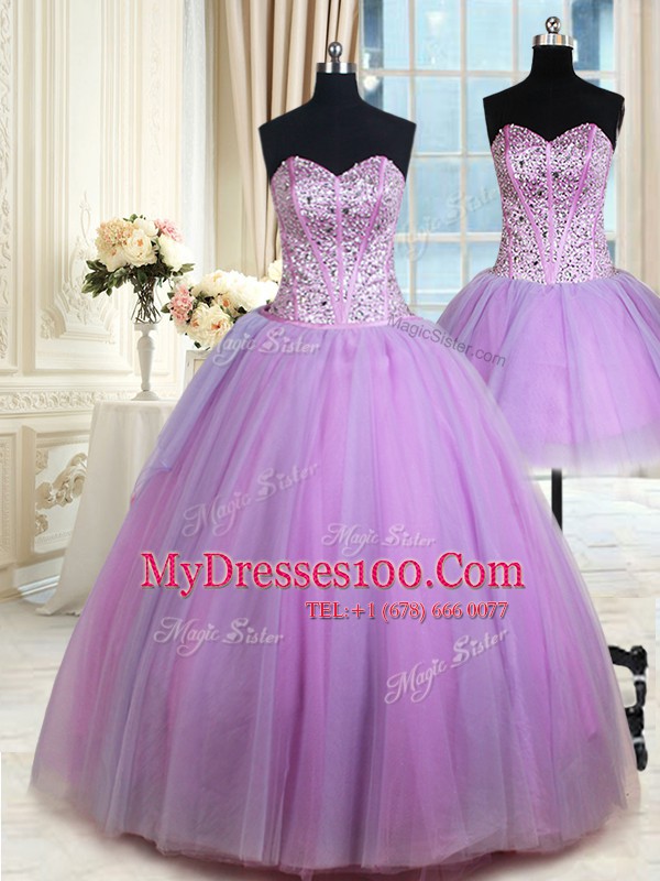 Hot Sale Three Piece Sleeveless Lace Up Floor Length Beading 15 Quinceanera Dress