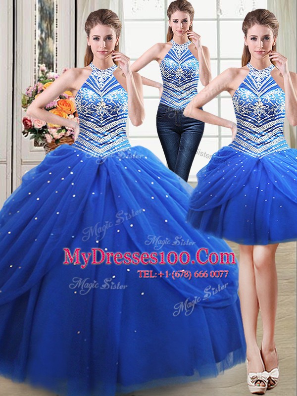 Modern Three Piece Halter Top Floor Length Lace Up Quince Ball Gowns Royal Blue for Military Ball and Sweet 16 and Quinceanera with Beading and Pick Ups