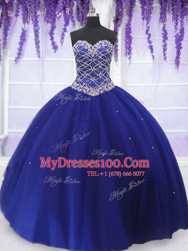 Simple Three Piece Royal Blue Ball Gowns Tulle Sweetheart Sleeveless Beading Floor Length Lace Up Quinceanera Gowns