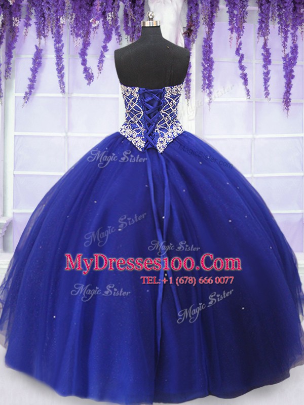 Simple Three Piece Royal Blue Ball Gowns Tulle Sweetheart Sleeveless Beading Floor Length Lace Up Quinceanera Gowns