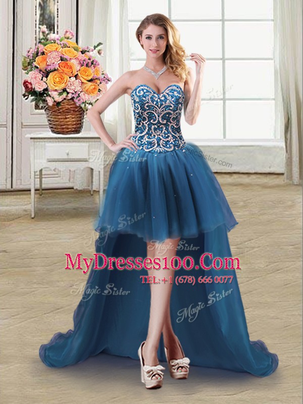 Sumptuous Four Piece Sweetheart Sleeveless Ball Gown Prom Dress Floor Length Beading Teal Tulle