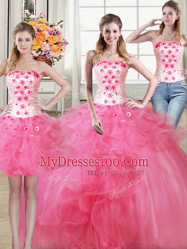 Trendy Three Piece Hot Pink Strapless Lace Up Beading and Appliques and Ruffles Quince Ball Gowns Sleeveless