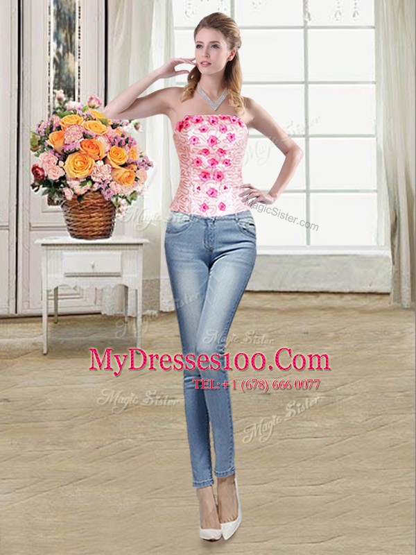 Trendy Three Piece Hot Pink Strapless Lace Up Beading and Appliques and Ruffles Quince Ball Gowns Sleeveless