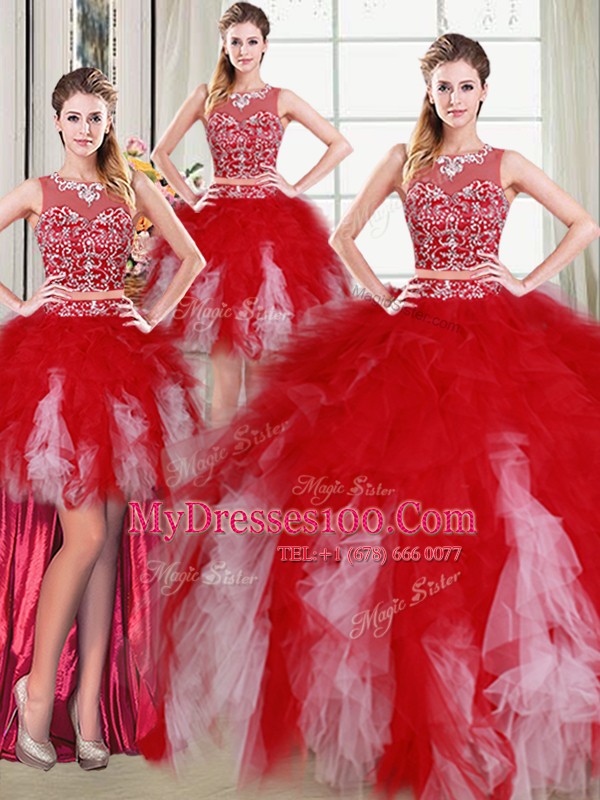 Four Piece White and Red Two Pieces Scoop Sleeveless Tulle Floor Length Zipper Beading and Ruffles Sweet 16 Dresses