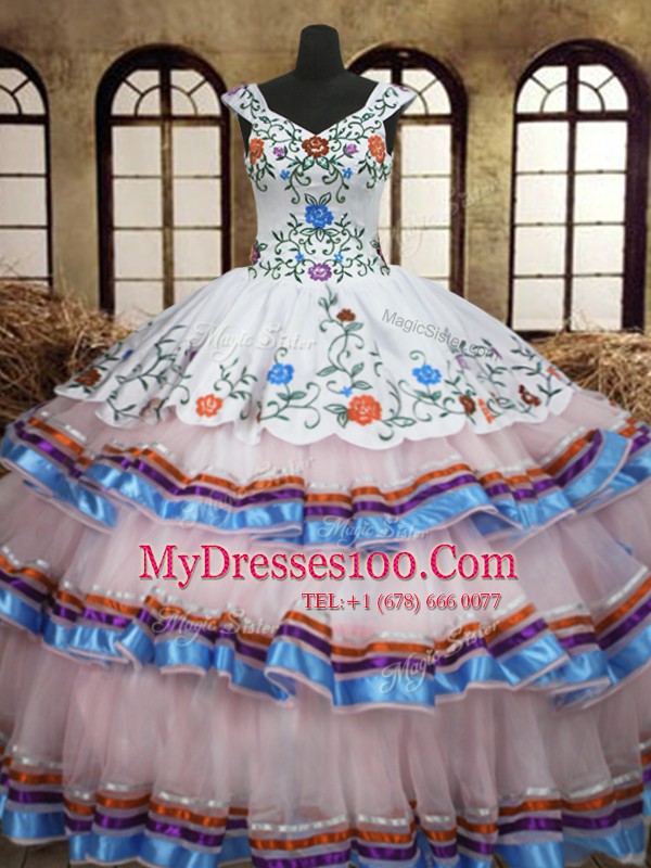 Glittering Ruffled Straps Sleeveless Lace Up Quince Ball Gowns White Organza and Taffeta