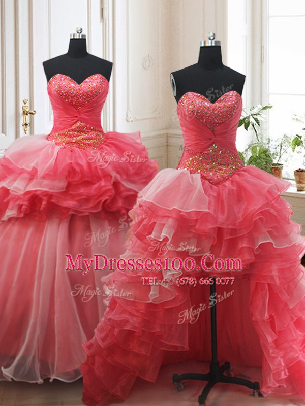 Deluxe Three Piece White and Coral Red Lace Up Ball Gown Prom Dress Beading and Ruffled Layers Sleeveless Brush Train
