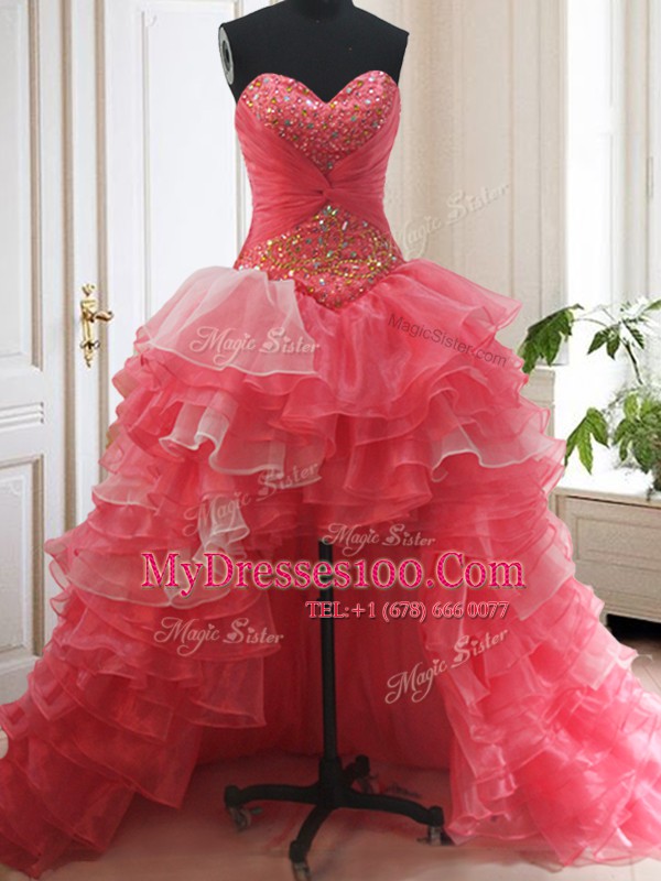 Deluxe Three Piece White and Coral Red Lace Up Ball Gown Prom Dress Beading and Ruffled Layers Sleeveless Brush Train