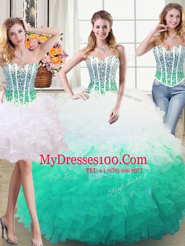 Three Piece White and Green Lace Up Sweetheart Beading and Ruffles Sweet 16 Dress Organza Sleeveless