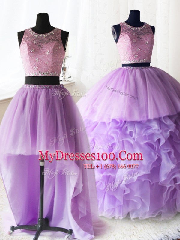 Flare Three Piece Scoop Sleeveless Organza and Tulle With Brush Train Zipper Quinceanera Dress in Lilac with Beading and Lace and Ruffles