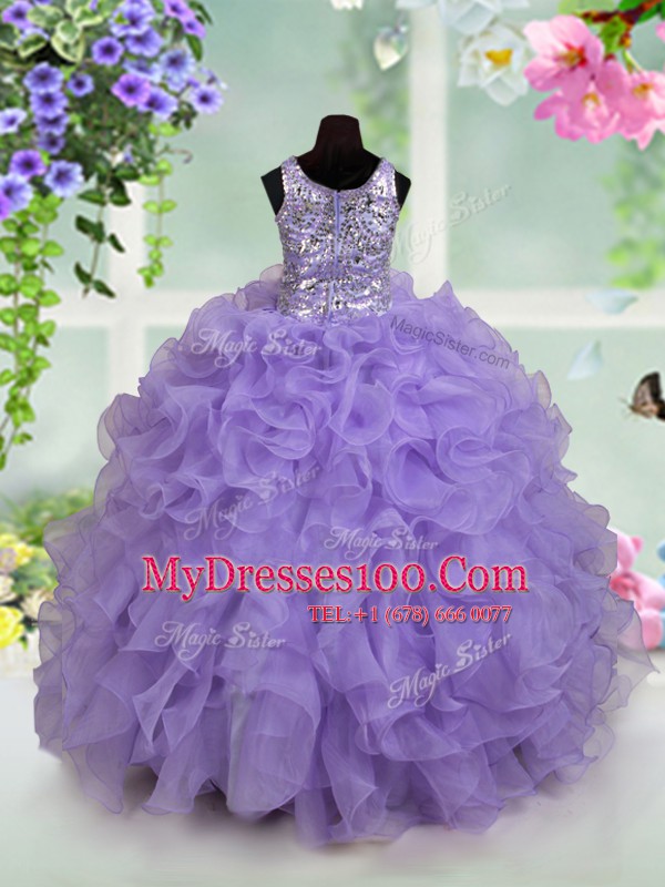 Pretty Lavender Organza Zipper Scoop Sleeveless Floor Length Little Girls Pageant Dress Wholesale Beading and Ruffles