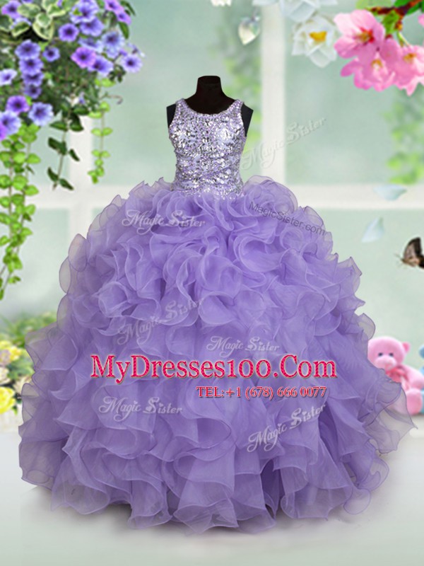 Pretty Lavender Organza Zipper Scoop Sleeveless Floor Length Little Girls Pageant Dress Wholesale Beading and Ruffles