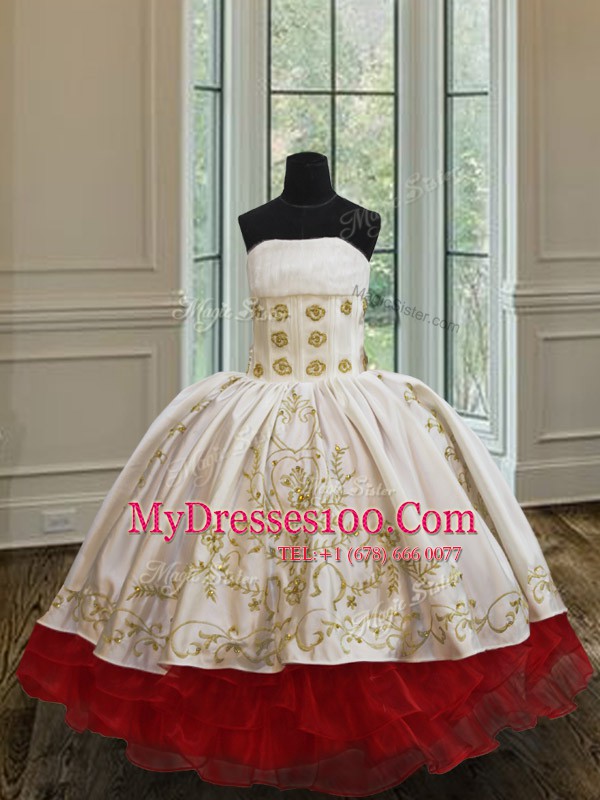 White and Red Organza and Taffeta Lace Up Flower Girl Dress Sleeveless Floor Length Ruffled Layers