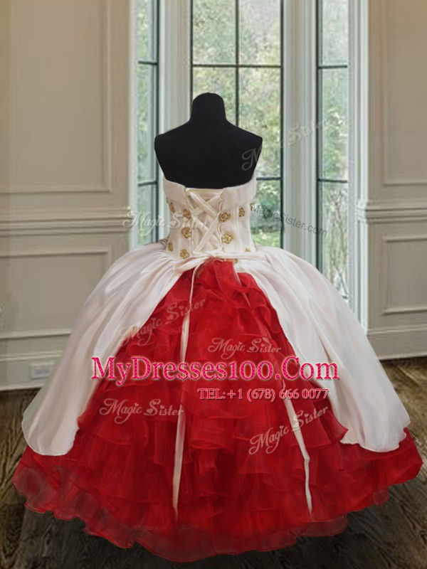 White and Red Organza and Taffeta Lace Up Flower Girl Dress Sleeveless Floor Length Ruffled Layers
